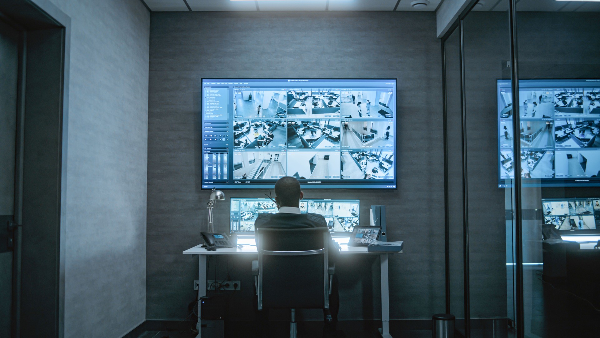 CCTV operator works with security cameras on computer in monitoring center